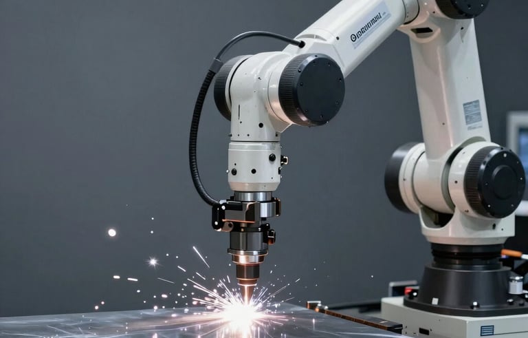 A detailed industrial photograph of a robotic arm performing high-precision laser cutting on a sheet of stainless steel. Intense points of white light against a dark grey background. Professional, high-end engineering style for an international English-speaking audience.