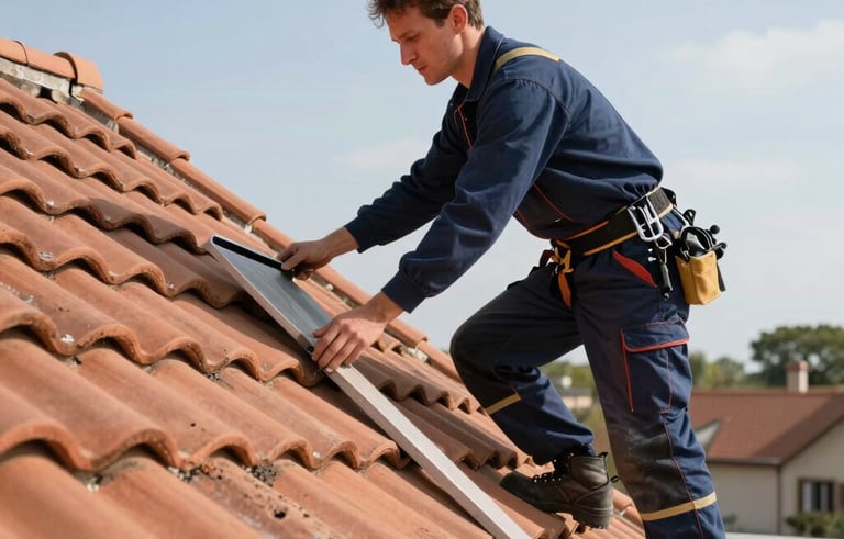 A professional roofer in navy blue workwear inspecting terracotta tiles on a traditional French house. Bright daylight, clear sky, focusing on the detail of the roof's edge and the craftsman's precision.