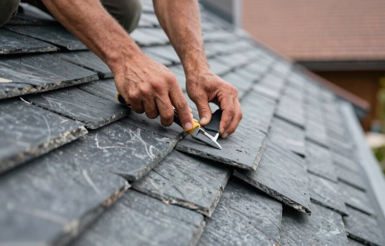 Detail of a master roofer's hands installing high-quality natural slate shingles on a steep roof. Western European architectural context, professional tools visible, sharp focus.