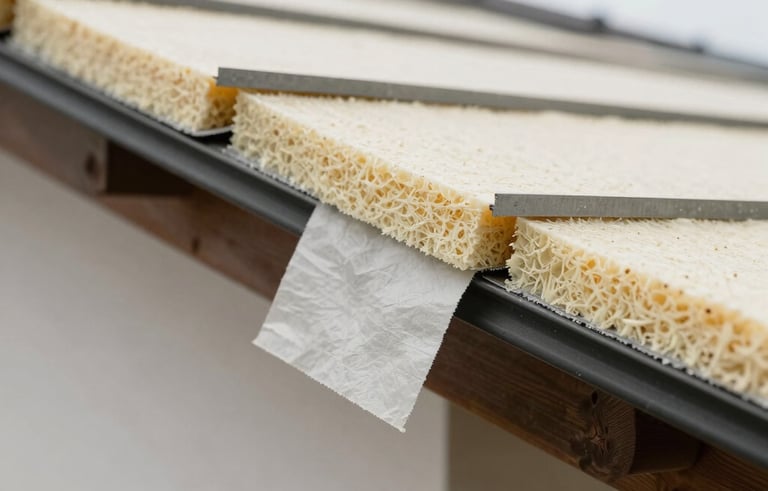 Close-up of modern insulation material being installed under a roof structure in a Western European house. Clean, professional craftsmanship, soft natural lighting.