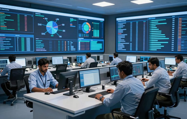A high-tech control room in a South Asian / Indian city with large digital screens showing data analytics. A diverse group of South Asian / Indian technicians work collaboratively at sleek white desks with deep blue lighting.