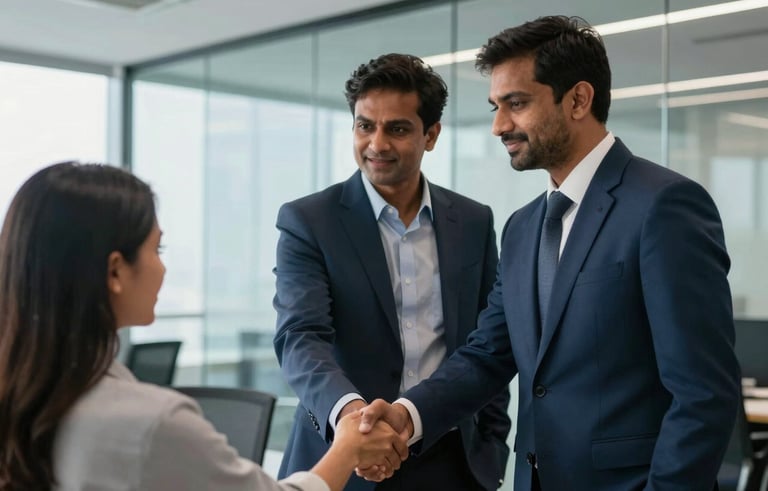 A professional South Asian / Indian man in a tailored suit shakes hands with a candidate in a bright, modern glass-walled office in Mumbai. The scene is filled with soft natural light and features subtle deep blue and soft blue accents in the office decor.