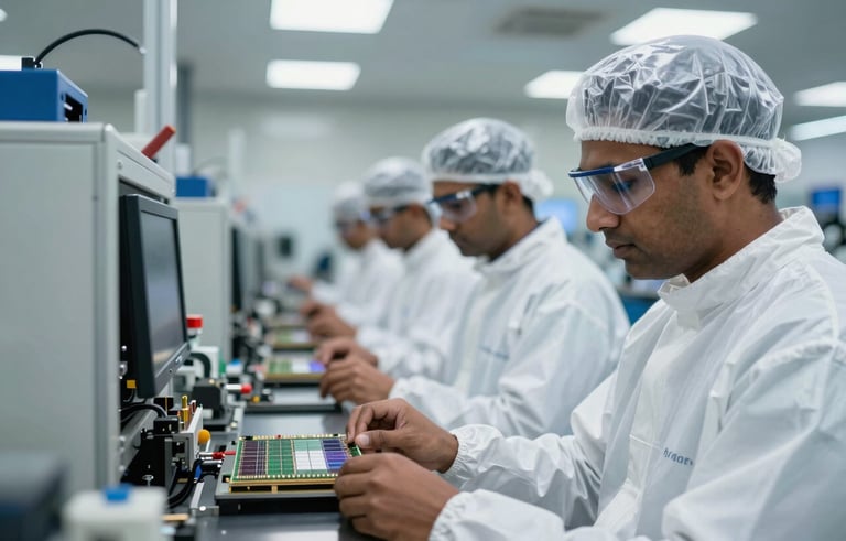 South Asian / Indian engineers in a modern semiconductor manufacturing plant, wearing white cleanroom suits, examining silicon wafers under soft blue and bright white artificial lighting in a pristine facility.