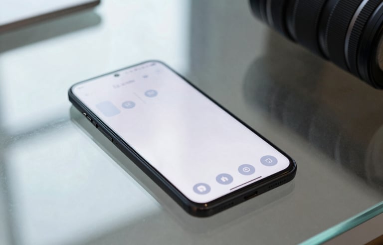 A close-up professional photography shot of a high-end Android smartphone on a minimalist glass desk in a North American corporate setting. The screen glows with a clean, cloud-white interface and subtle muted blue gray buttons. Natural morning light spills across the surface.