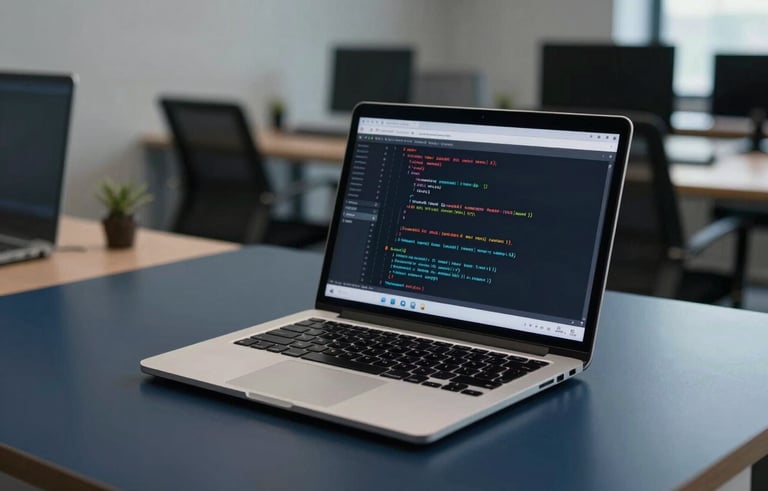 Clean, professional photography of a developer's workstation in a North American office. A sleek laptop on a dark slate-blue desk shows lines of clean code, while the room is filled with soft, sophisticated lighting and a sense of focused productivity.