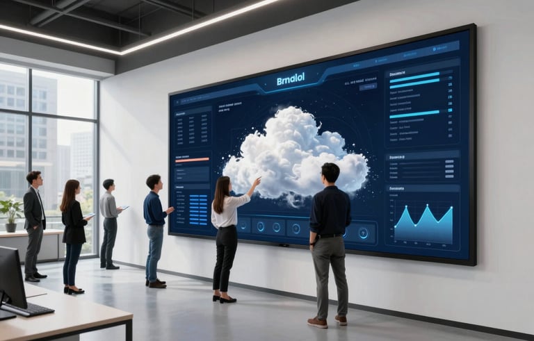 Architectural wide photography of a high-tech studio in a US city. A team interacts with a large, wall-mounted touch screen displaying a deep navy and cloud-white system dashboard. The aesthetic is clean and ultra-modern.