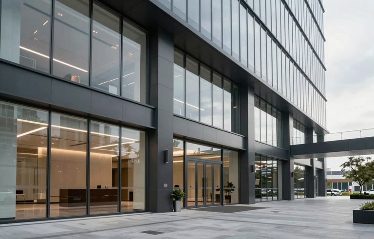 Photography of a sleek, high-end North American corporate office lobby, glass walls, charcoal gray architectural accents, clean and wide-angle perspective.