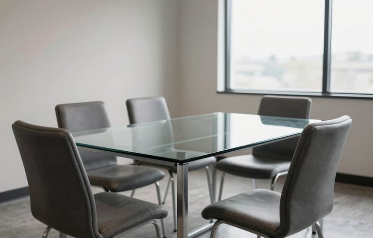 Photography of a professional North American meeting room with a clean glass table, slate gray chairs, minimalist decor, and soft natural lighting from a large window.