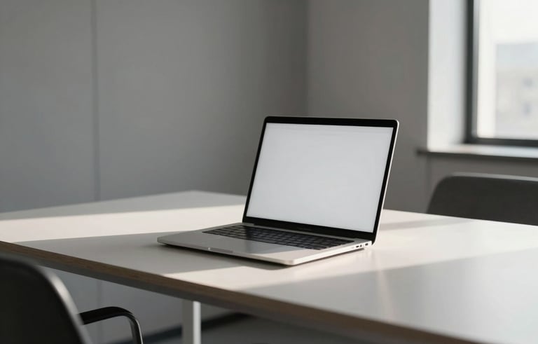 Photography of a modern, minimalist North American office workstation with a sleek laptop on a light gray desk, soft morning light, professional atmosphere, clean composition.
