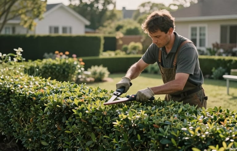 Photography of a professional landscaper pruning a healthy boxwood hedge in a sunny North American suburban garden, serene atmosphere, soft afternoon sunlight, natural colors like forest green and olive mist.