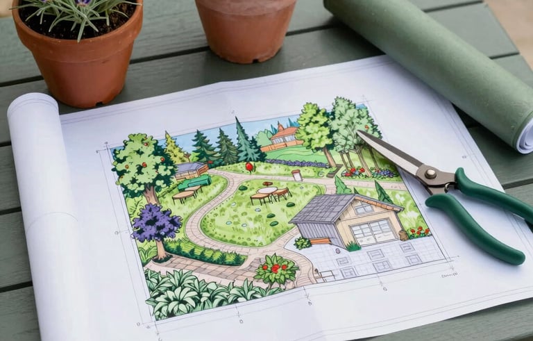 Top-down photography of a professional landscape design blueprint on a garden table, surrounded by potted lavender and garden shears, North American backyard setting, elegant and sophisticated, forest green and sage green accents.