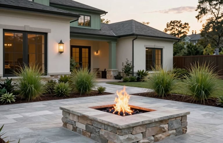 Architectural photography of a modern flagstone patio with an integrated stone fire pit, lush ornamental grass landscaping, North American residence, twilight lighting, calm and high-end feel, sage green and creamy white tones.