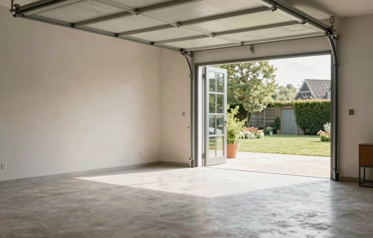 Interior of a clean, spacious garage in a French home after being cleared. The floor is swept, and the space looks refreshed and empty. Natural soft light coming from an open door, professional architectural photography.