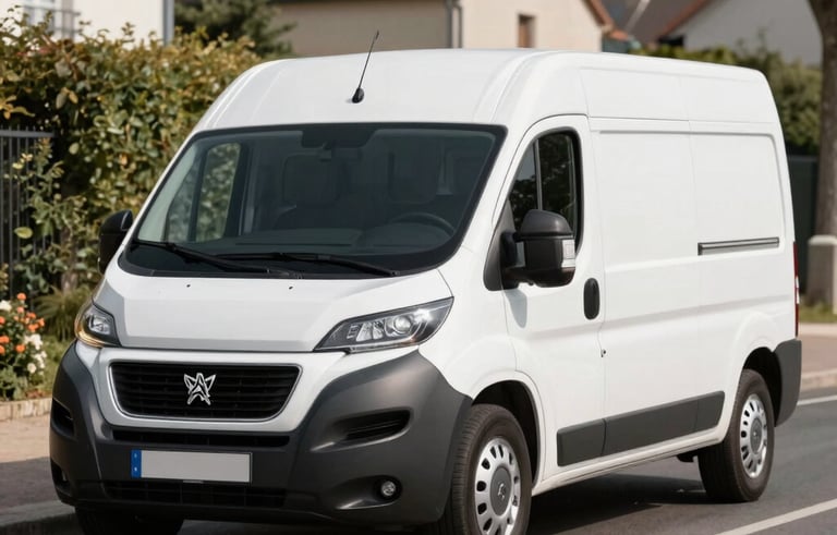 A clean, white Peugeot Boxer van without a license plate, parked professionally on a street in Île-de-France. Bright daylight, crisp commercial photography style, focus on the vehicle's reliable and well-maintained appearance against a French suburban backdrop.