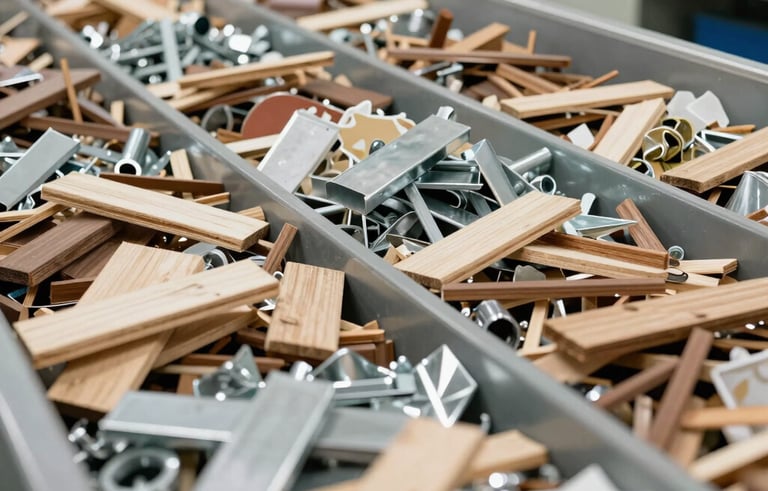 A detailed shot of neatly organized recyclable materials like wood and metal in a professional sorting facility in France. Bright, clean environment, reflecting an eco-friendly and responsible business ethos.