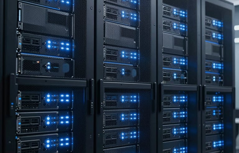 Clean, minimalist data center view with racks of servers emitting a soft electric blue light, representing powerful cloud-based AI processing, professional tech style.