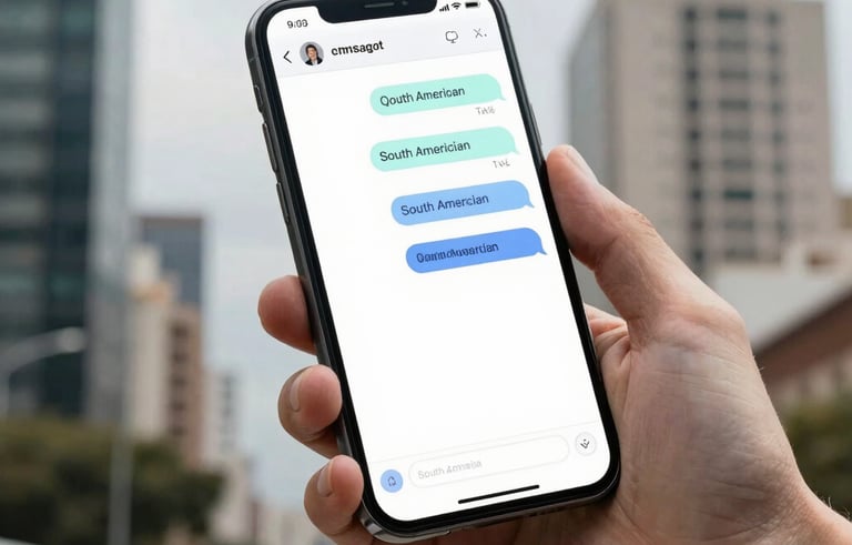 A close-up photo of a professional hand holding a smartphone with a messaging interface showing an automated chatbot flow, blurred South American urban business district background.
