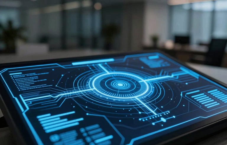 A close-up of a high-tech holographic interface with electric blue glowing lines on a deep black background, set in a modern South American corporate office at night.