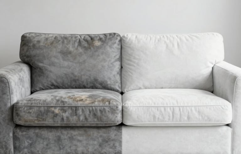 A wide, horizontal photograph of a large, modern grey sofa in a brightly lit South American living room. The image shows a stark comparison: the left half of the sofa is visibly stained and dingy, while the right half is pristinely clean, restored to its original bright texture. No people or equipment shown. Clean, professional composition.