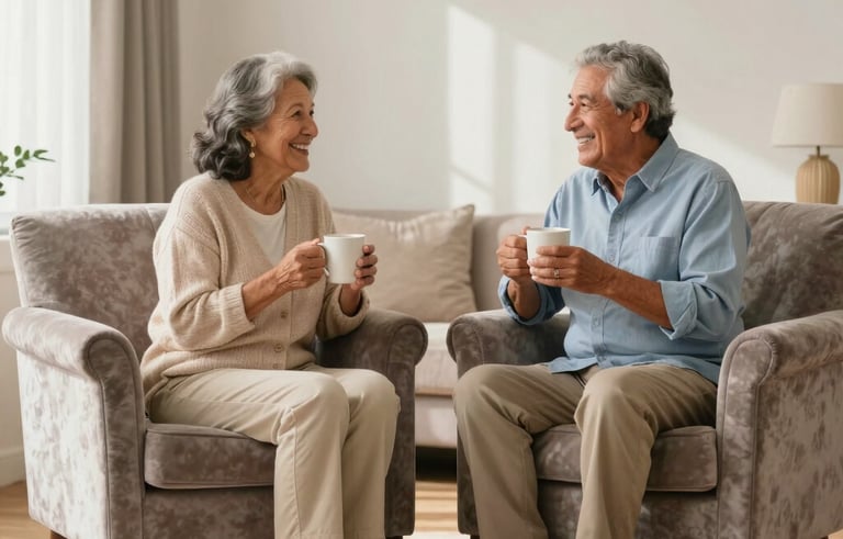 A heartwarming photo of an elderly South American couple sitting happily in two perfectly clean, plush velvet armchairs in a tidy, sunlit living room. They are smiling and holding mugs. The scene conveys comfort, health, and a sense of impeccable organization.
