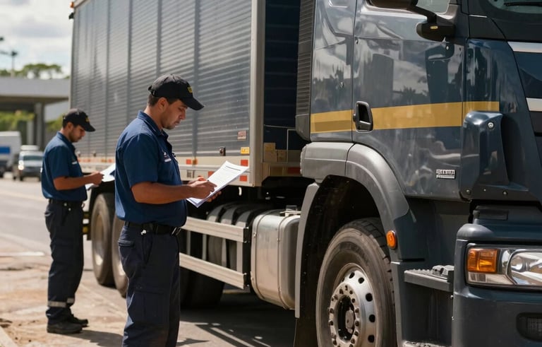 South American / Brazilian cargo inspection area, professional staff verifying load documents next to trucks, dark blue-grey and gold accents, well-lit sunny day.