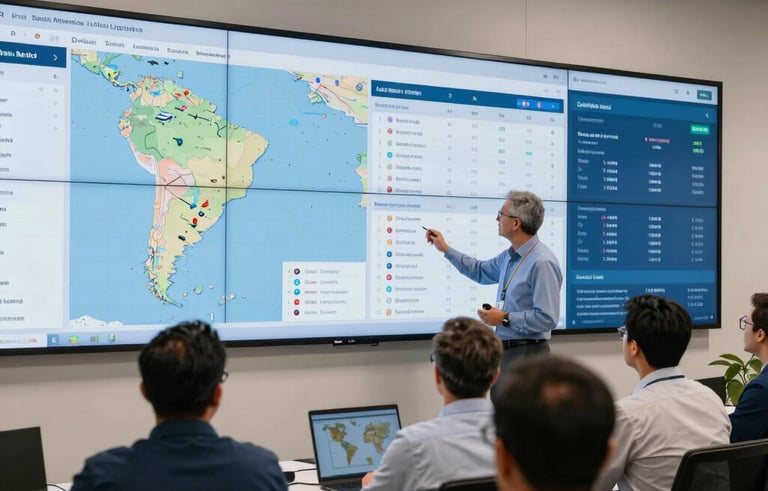 South American / Brazilian logistics headquarters, a team of professionals looking at large screens with map data and fleet statistics, slate blue and off-white office environment.