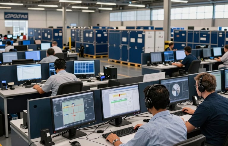 South American / Brazilian transportation hub, showing a modern logistics coordination center with dispatchers working at desks, very dark blue and light slate color themes, professional lighting.