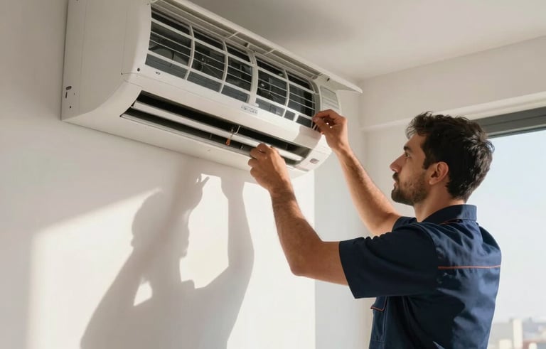 Photography of a professional technician in navy blue attire repairing a sleek wall-mounted air conditioner inside a modern Dubai apartment. The scene is bright with natural desert sunlight through a window, emphasizing a clean and professional Middle Eastern / Gulf interior.