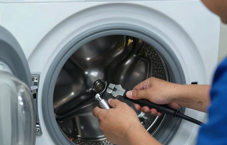 Close-up photography of a technician's skilled hands using professional tools to repair the drum of a modern washing machine. The setting is a clean, well-lit utility room in a Middle Eastern / Gulf home, featuring colors like light blue and grey-blue.