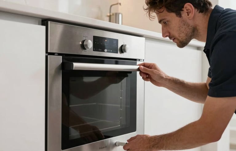 Wide-angle photography of a modern kitchen in Dubai Silicon Oasis. A professional technician is inspecting a built-in stainless steel oven. The lighting is crisp and modern, reflecting a reliable and efficient service environment in the Middle Eastern / Gulf region.