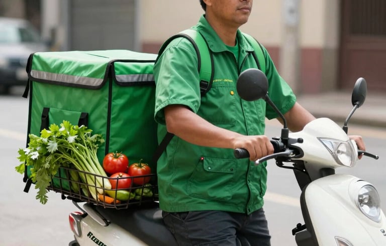 A professional South American / Brazilian delivery person wearing a deep green vest, standing next to a clean white scooter with a basket full of vibrant, fresh green vegetables and red tomatoes on a sunny street.
