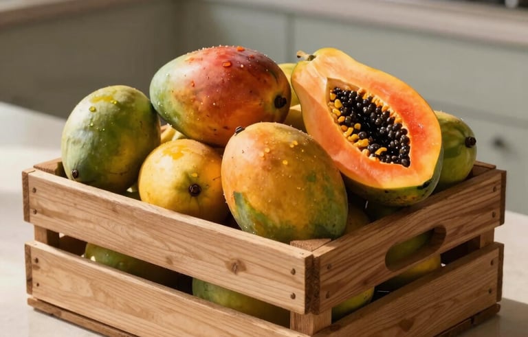 A beautiful wooden crate overflowing with tropical South American fruits like mangoes and papayas, placed on a light beige kitchen counter with soft morning sunlight.