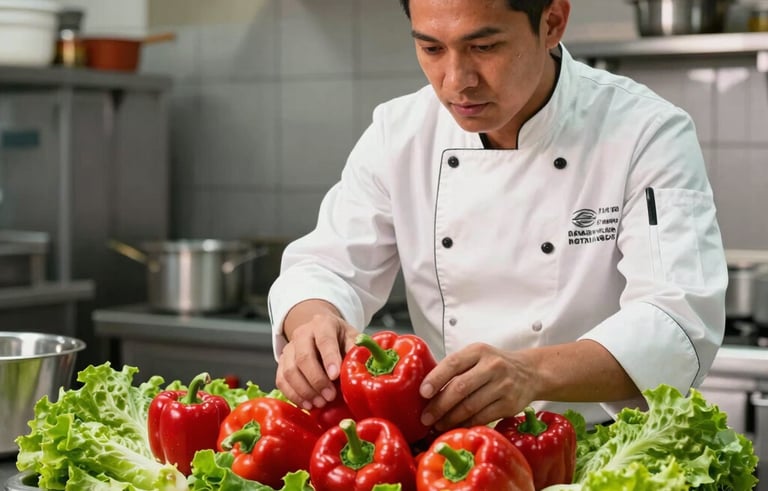 A professional South American / Brazilian commercial kitchen scene where a chef inspects a delivery of vibrant red peppers and crisp green lettuce on a stainless steel table.