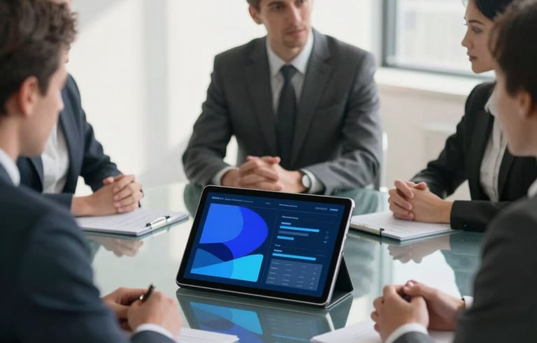 A professional North American business meeting in a minimalist, sunlit office. A clean glass table with a tablet showing abstract indigo and slate blue data visualizations. Sharp focus, high-end corporate photography style.