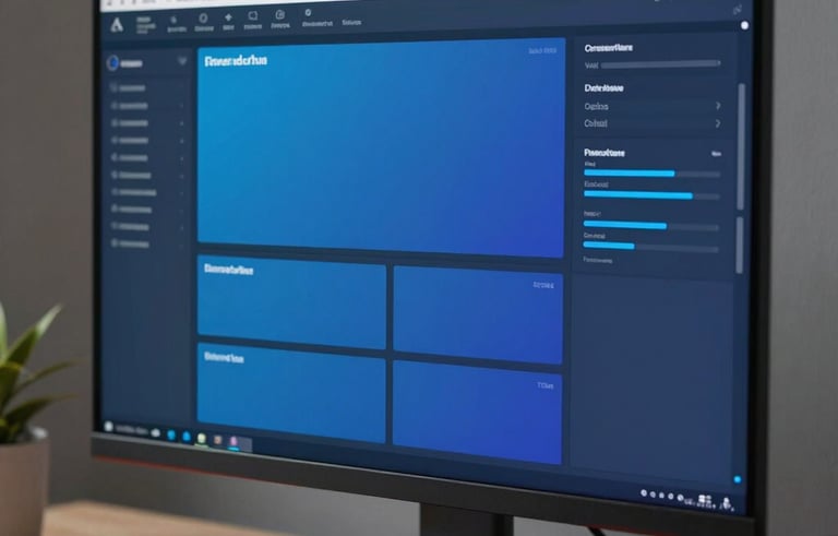 Close-up of a high-resolution monitor in a modern North American workspace. The screen displays a sophisticated digital marketing dashboard with slate blue and indigo gradients. Minimalist desk setup, professional lighting.