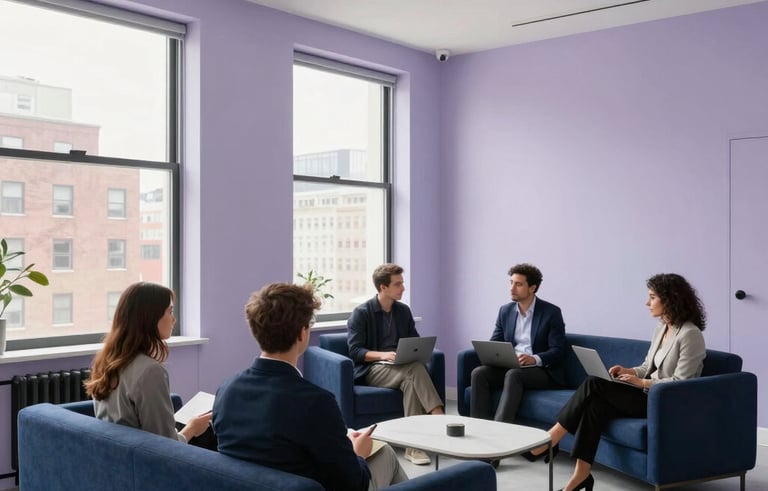 A wide-angle shot of a high-end branding agency studio in a North American city. Clean lavender gray walls, large windows, minimalist indigo furniture. A professional collaborative atmosphere.