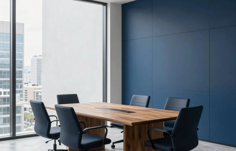 A clean, modern office in Mexico City, showing a minimalist meeting room with a wooden table, glass walls, and soft natural light. High-end executive feel with white and deep blue tones.