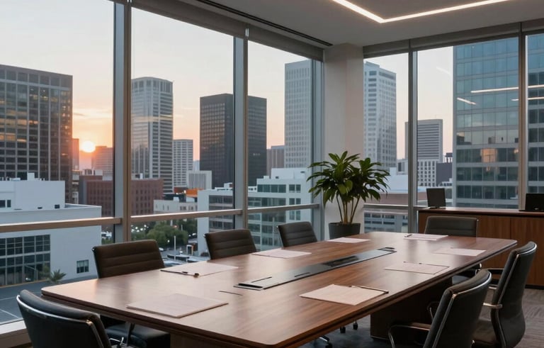 A wide shot of a contemporary corporate boardroom in a North American / Mexican metropolitan area. Large windows overlooking a business district at sunset. Sophisticated atmosphere.
