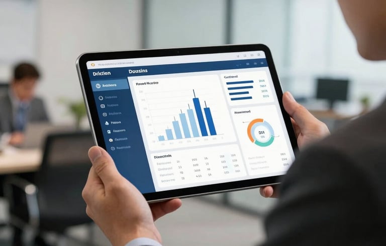 High-quality professional photography of a business dashboard displayed on a tablet held by an executive in a business suit. North American / Mexican office background, sharp focus.
