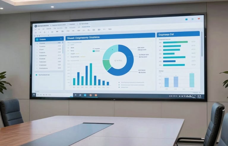 A high-tech North American conference room with a large wall-mounted screen showing project management software. Professional environment, modern architecture, clean lines, and sophisticated lighting that feels premium and corporate.