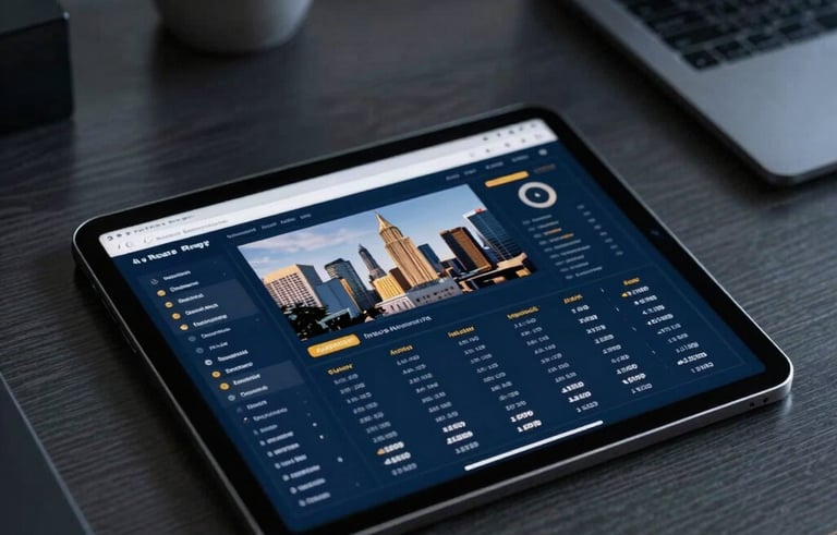 A sharp, high-contrast photograph of a professional workspace in a North American city. A sleek tablet displays a real estate dashboard and sales metrics. The lighting is crisp and cool, emphasizing a results-driven atmosphere with dark blue and gold tones.