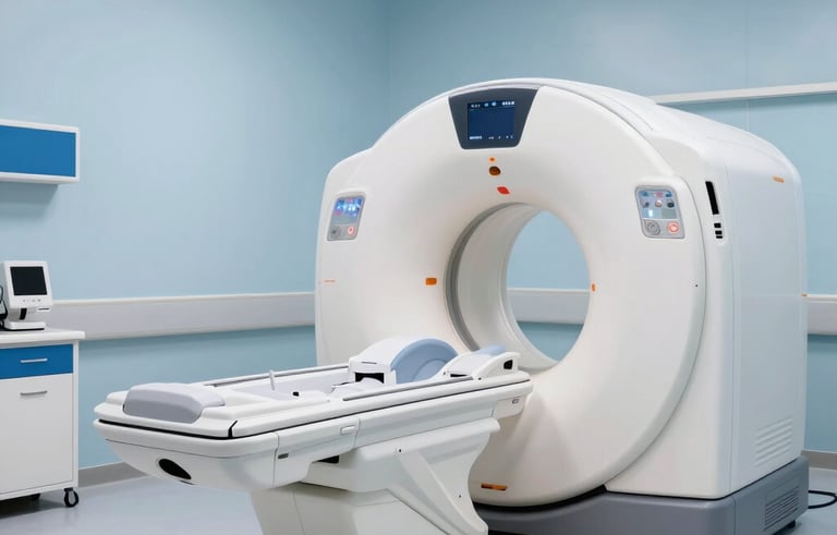 A high-end medical imaging suite in a Middle Eastern hospital featuring a sleek MRI machine. The room is modern and clean with pale blue and bright blue accents. Soft, professional lighting creates a trustworthy atmosphere.
