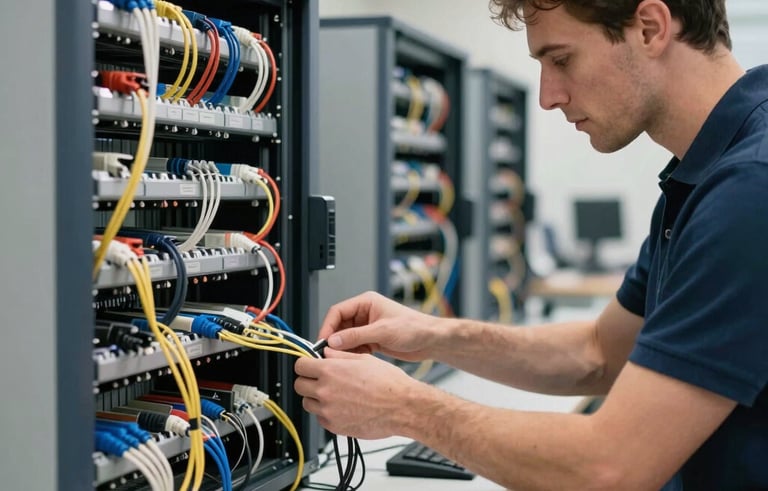 Un technicien spécialisé inspectant une baie de brassage informatique organisée de façon impeccable dans un bureau européen. Les câbles sont parfaitement alignés. Style photographique net et professionnel. Couleurs dominantes : bleu sourd et gris pâle.
