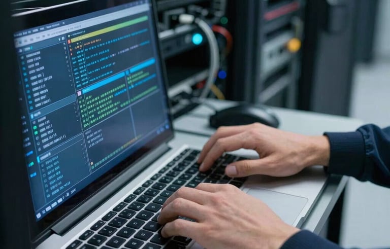 Gros plan sur les mains d'un ingénieur réseau travaillant sur un tableau de bord complexe dans une salle de serveurs hautement sécurisée en France. Éclairage bleuté technologique, atmosphère de haute précision et fiabilité. Couleurs : bleu foncé et bleu acier.