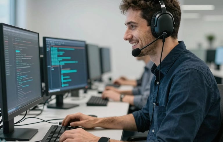 Une photographie professionnelle d'un technicien de support informatique dans un bureau moderne en France, portant un casque et souriant devant deux écrans affichant des données floues. L'ambiance est lumineuse avec des tons de bleu acier et gris pâle, évoquant l'efficacité et la courtoisie.