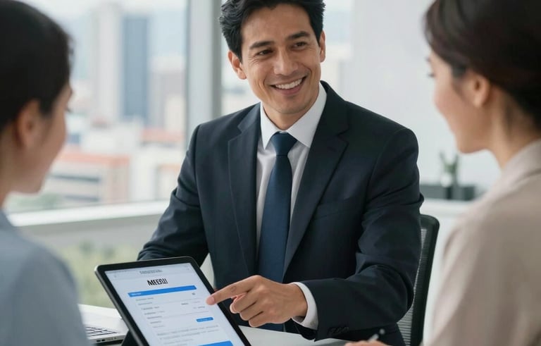 A professional South American lawyer in a bright, modern office in Medellín, pointing at a tablet screen showing successful transaction details to a smiling client. The atmosphere is highly professional and trustworthy. Clean lighting with soft blue shadows. Background shows a blurred city skyline.