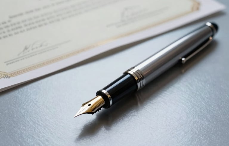 Close-up of professional legal documents and a high-end fountain pen on a clean, light steel blue desk. A blurred Colombian legal certificate is visible in the background. The lighting is soft and focused, conveying a sense of meticulous attention to detail and corporate authority.