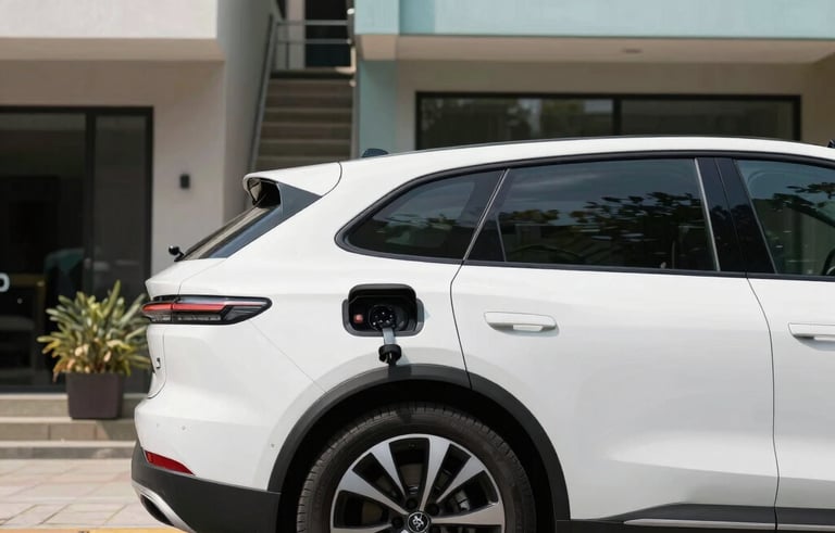 A sleek, modern white electric SUV parked in a sun-drenched, upscale neighborhood in Bogotá, Colombia. The composition is a sharp three-quarters view showing the charging port. The lighting is bright and clean, emphasizing professional photography. The background features modern architecture with glass and light steel blue accents.