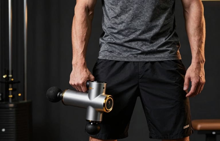 A male athlete performing mobility work with a massage gun in a premium dark gym setting. He is wearing a grey t-shirt and black knee-length shorts. Global / Performance Athletics. Dramatic lighting highlights his muscle definition and the premium feel of the equipment. Colors: black, dark grey, gold.