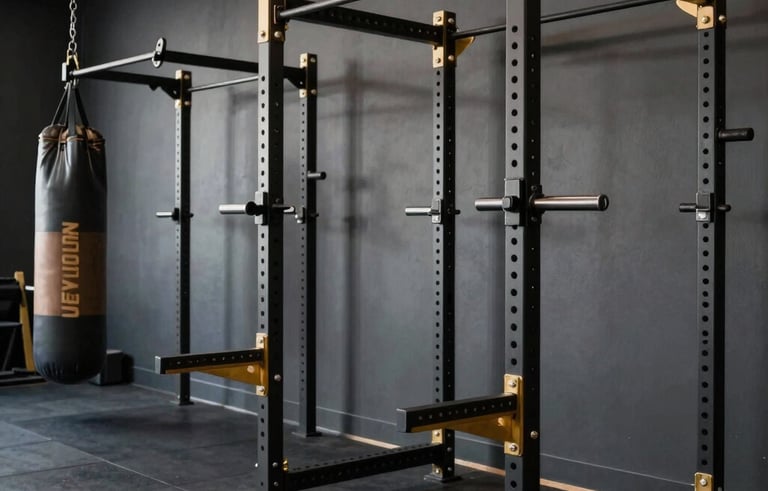 An empty, premium hybrid athlete academy with high-end lifting racks and heavy bags. The aesthetic is clean and masculine with dark grey walls and gold accents on the gear. Global / Performance Athletics. No people are visible. Sharp, high-contrast photography.